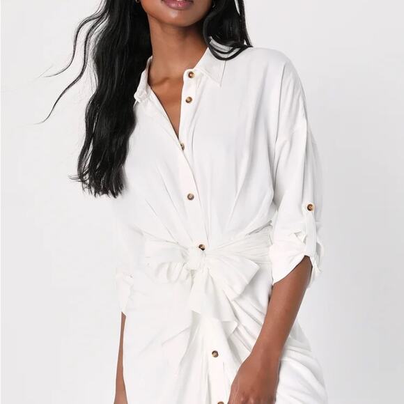 NWOT Lulus Charming Confidence White Collared Button-Up Mini Dress Tie Waist L - Picture 4 of 9